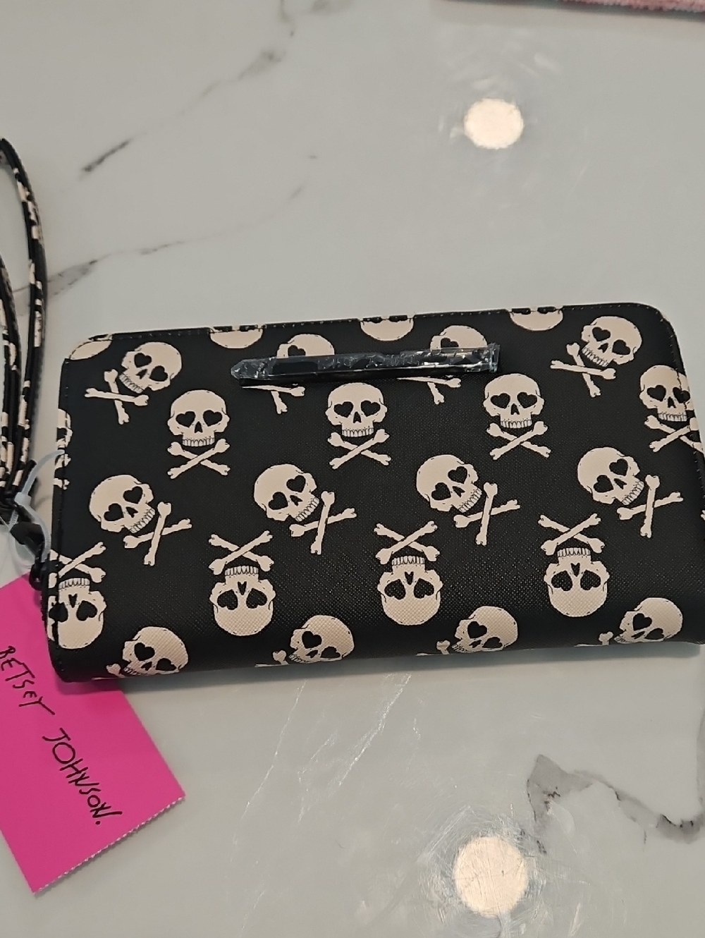 Betsey Johnson Black Wallet with White Skull Print